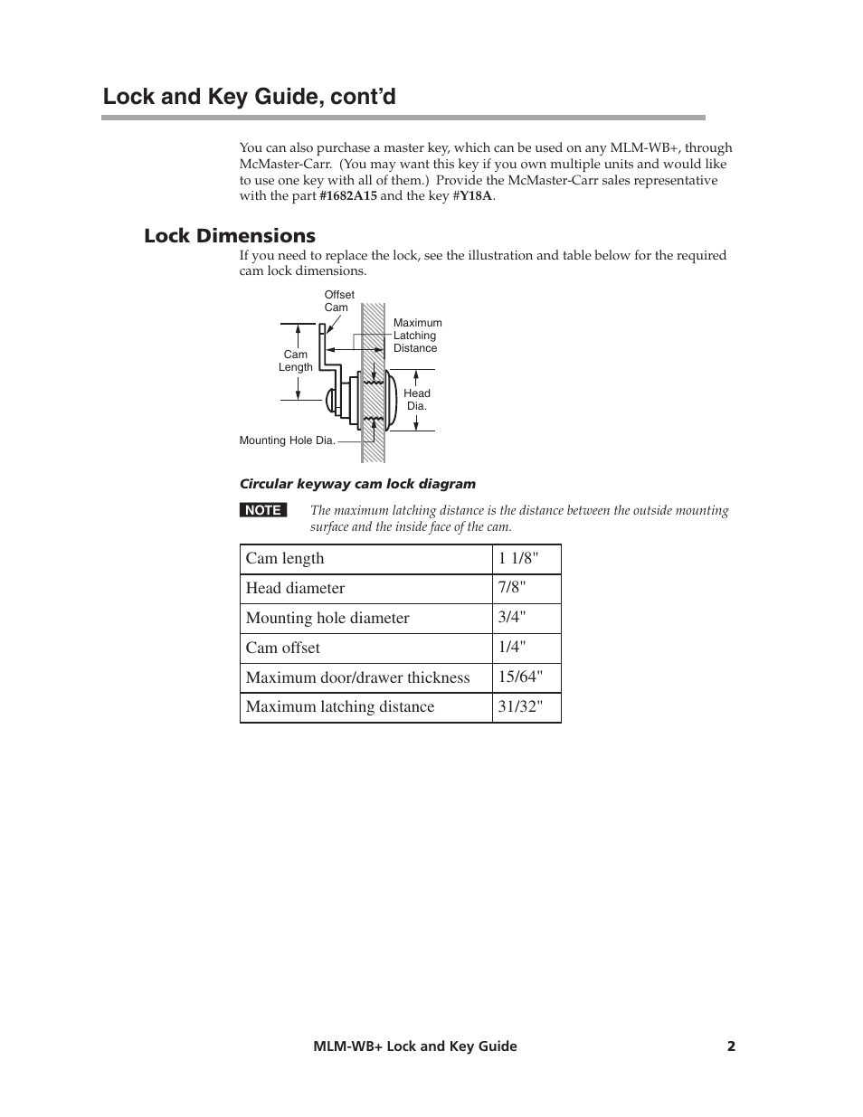 Lock and key guide, cont’d, Lock dimensions | Extron Electronics MLM-WB+ User Guide User Manual | Page 2 / 2