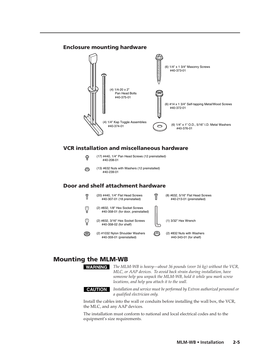 Enclosure mounting hardware, Vcr installation & misc. hardware, Door & shelf attachment hardware | Mounting the mlm-wb, Vcr installation and miscellaneous hardware, Door and shelf attachment hardware | Extron Electronics MLM-WB+ User Guide User Manual | Page 11 / 34