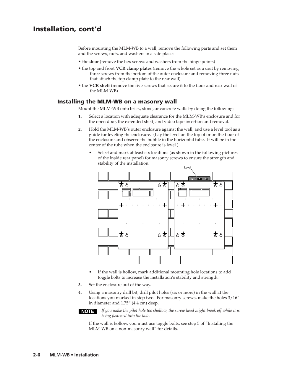 Installing the mlm-wb on a masonry wall, Installing the mlm-wb on a masonry wall -6, Installation, cont’d | Extron Electronics MLM-WB+ User Guide User Manual | Page 12 / 34