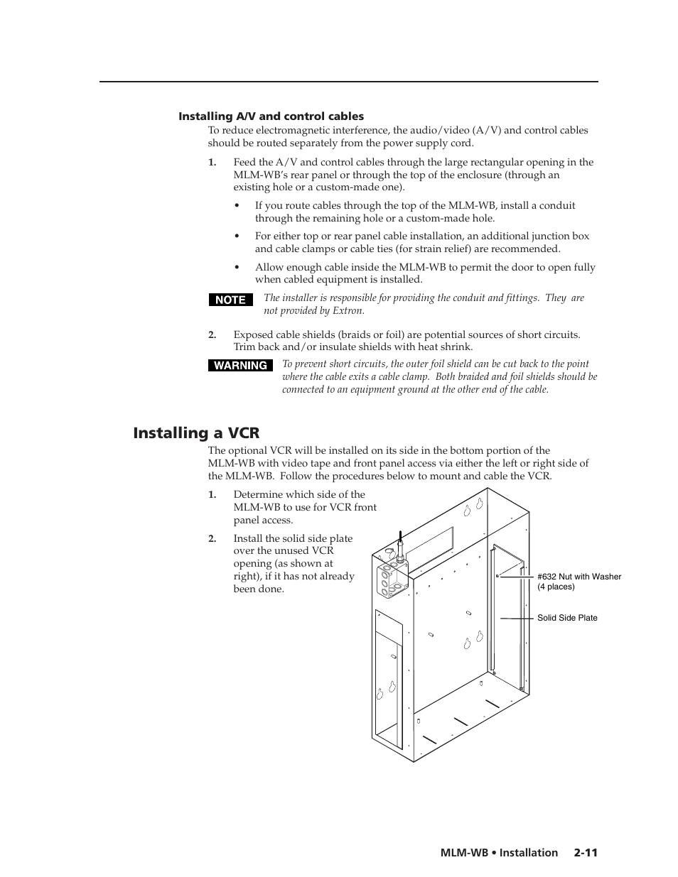 Installing a/v & control cables, Installing a vcr | Extron Electronics MLM-WB+ User Guide User Manual | Page 17 / 34