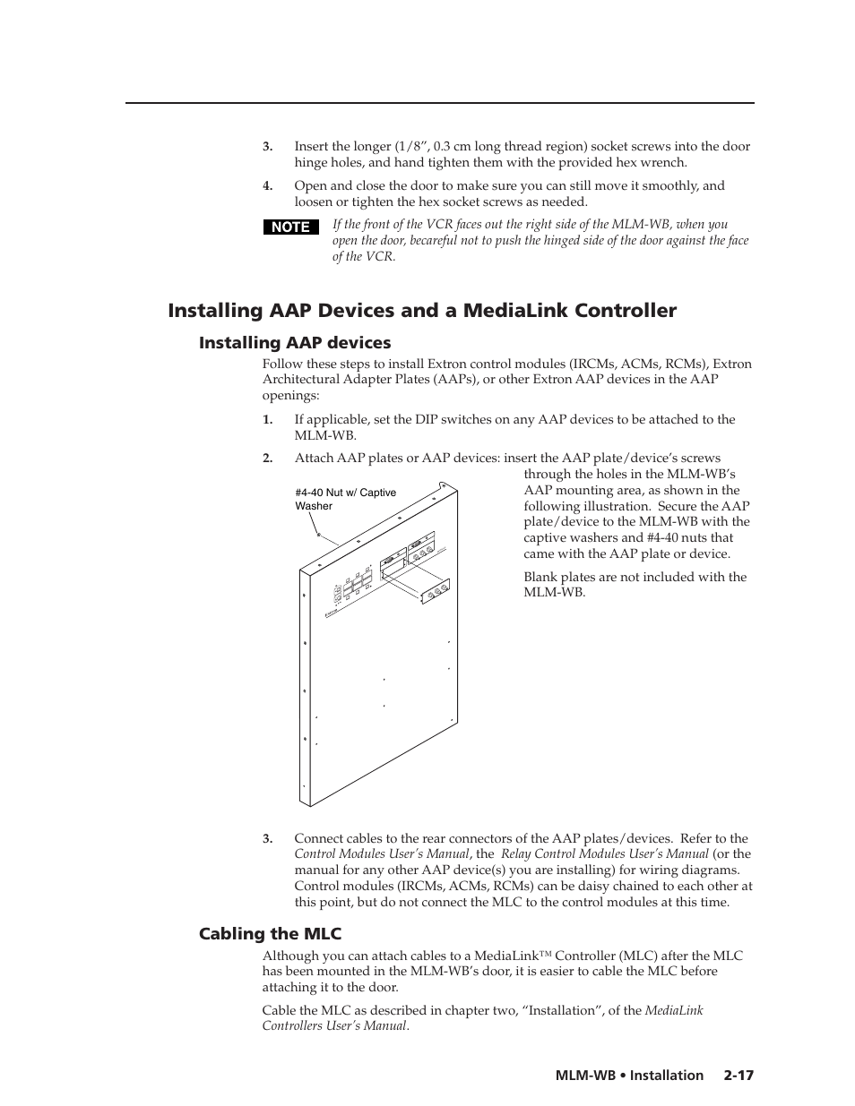 Installing aap devices & a medialink controller, Installing aap devices, Cabling the mlc | Installing aap devices and a medialink controller, Installing aap devices -17 cabling the mlc -17 | Extron Electronics MLM-WB+ User Guide User Manual | Page 23 / 34