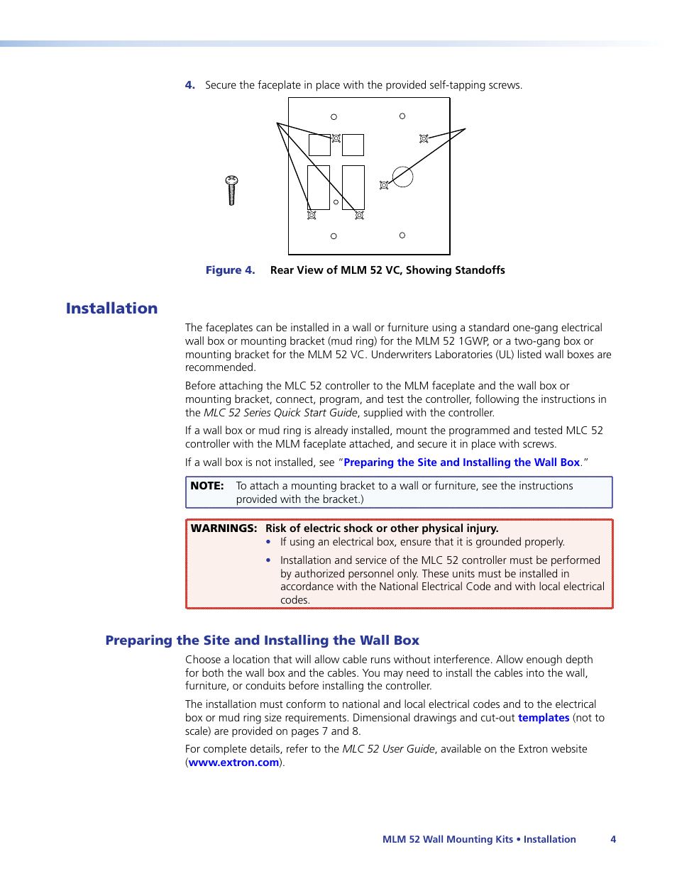 Installation, Preparing the site and installing the wall box, Preparing the site and installing the wall | Extron Electronics MLM 52 VC User Manual | Page 10 / 16