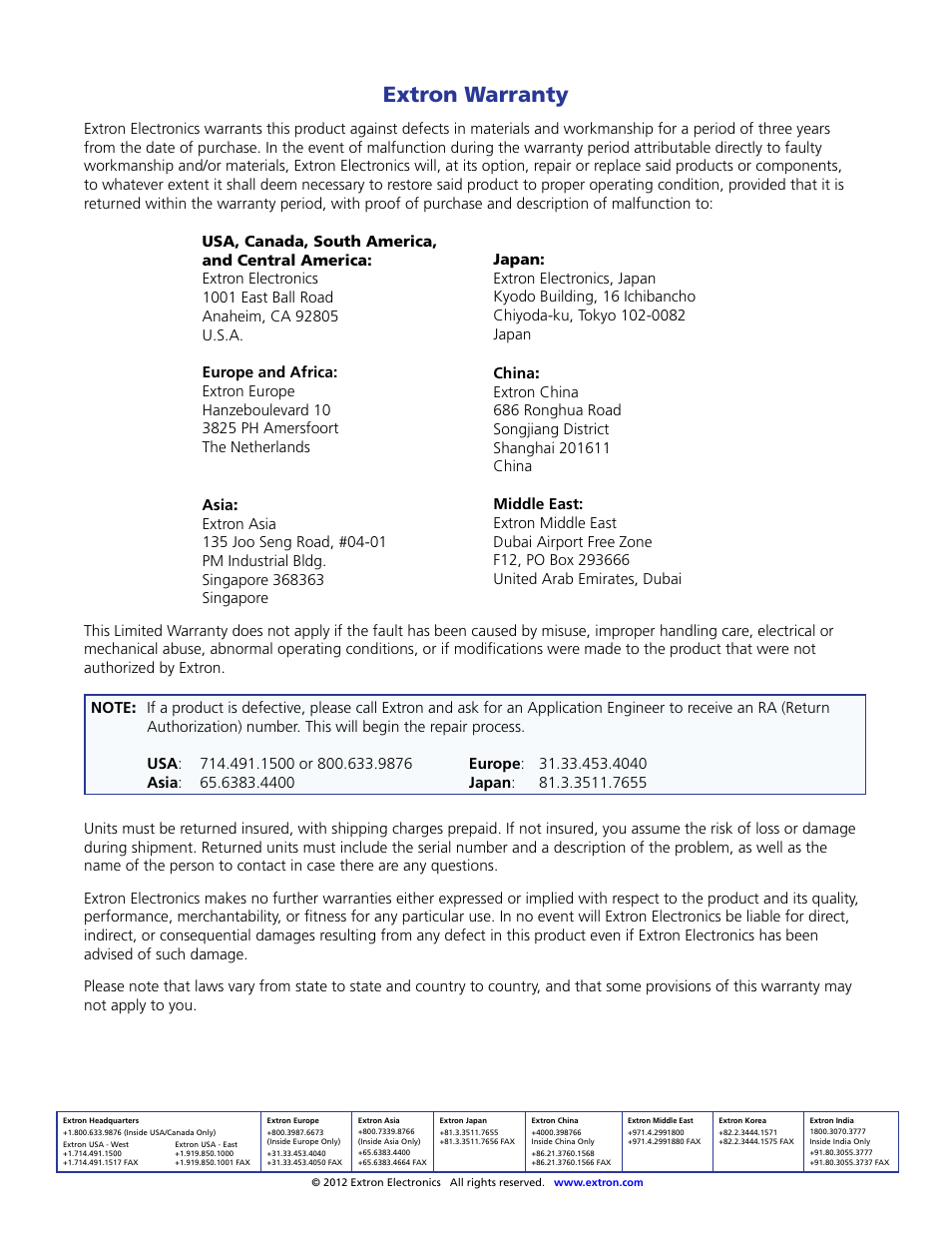 Extron warranty, Contact information extron warranty | Extron Electronics MLM 52 VC User Manual | Page 16 / 16