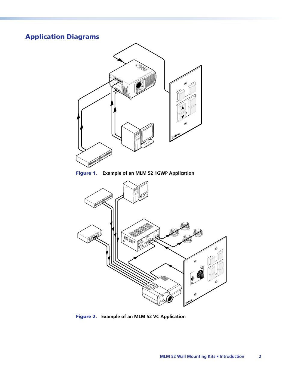 Application diagrams, Figure 1. example of an mlm 52 1gwp application, Figure 2. example of an mlm 52 vc application | Mlm 52 wall mounting kits • introduction 2, Extron mlm 52 1gwp, 10v vo l/mute, Extron mlc 52 vc, With medialink, Controller installed, Basic medialink | Extron Electronics MLM 52 VC User Manual | Page 8 / 16