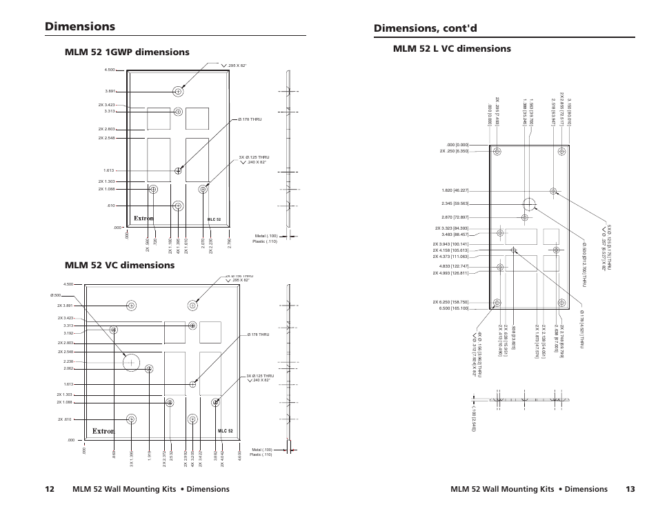 Dimensions, Dimensions, cont'd, Mlm 52 l vc dimensions | Mlm 52 wall mounting kits • dimensions | Extron Electronics MLM 52 L VC User Guide User Manual | Page 10 / 10