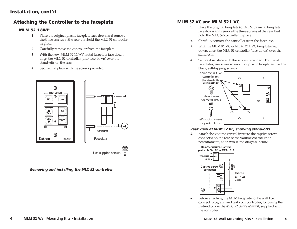 Attaching the controller to mlm 52 1gwp, And to mlm 52 vc and mlm 52 l vc, Installation, cont’d | Attaching the controller to the faceplate, Vol/ mute + 10v, Mlm 52 1gwp, Mlm 52 vc and mlm 52 l vc | Extron Electronics MLM 52 L VC User Guide User Manual | Page 6 / 10