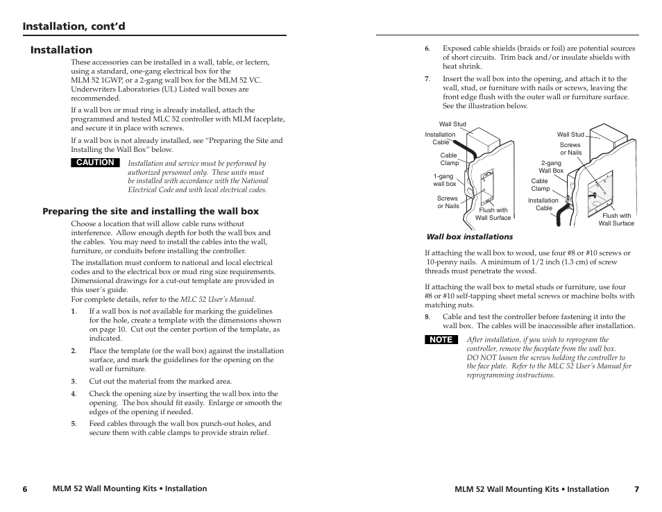 Preparing the site and installing the wall box, Installation, cont’d, Installation | Extron Electronics MLM 52 L VC User Guide User Manual | Page 7 / 10