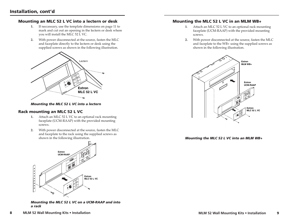 Mounting an mlc 52 l vc into a lectern or desk, Rack mounting an mlc 52 l vc, Mounting the mlc 52 l vc in a mlm wb | Installation, cont’d, Vo lu me | Extron Electronics MLM 52 L VC User Guide User Manual | Page 8 / 10