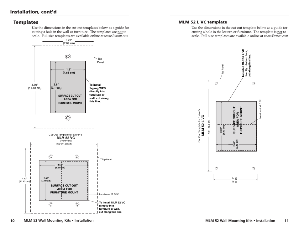 Templates, Installation, cont’d, Mlm 52 l vc template | Extron Electronics MLM 52 L VC User Guide User Manual | Page 9 / 10