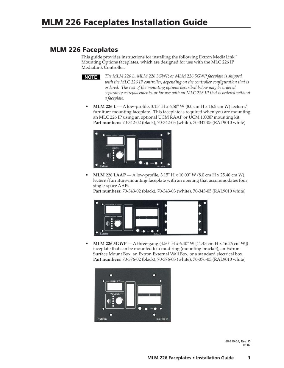 Extron Electronics MLM 226 Faceplates User Manual | 8 pages