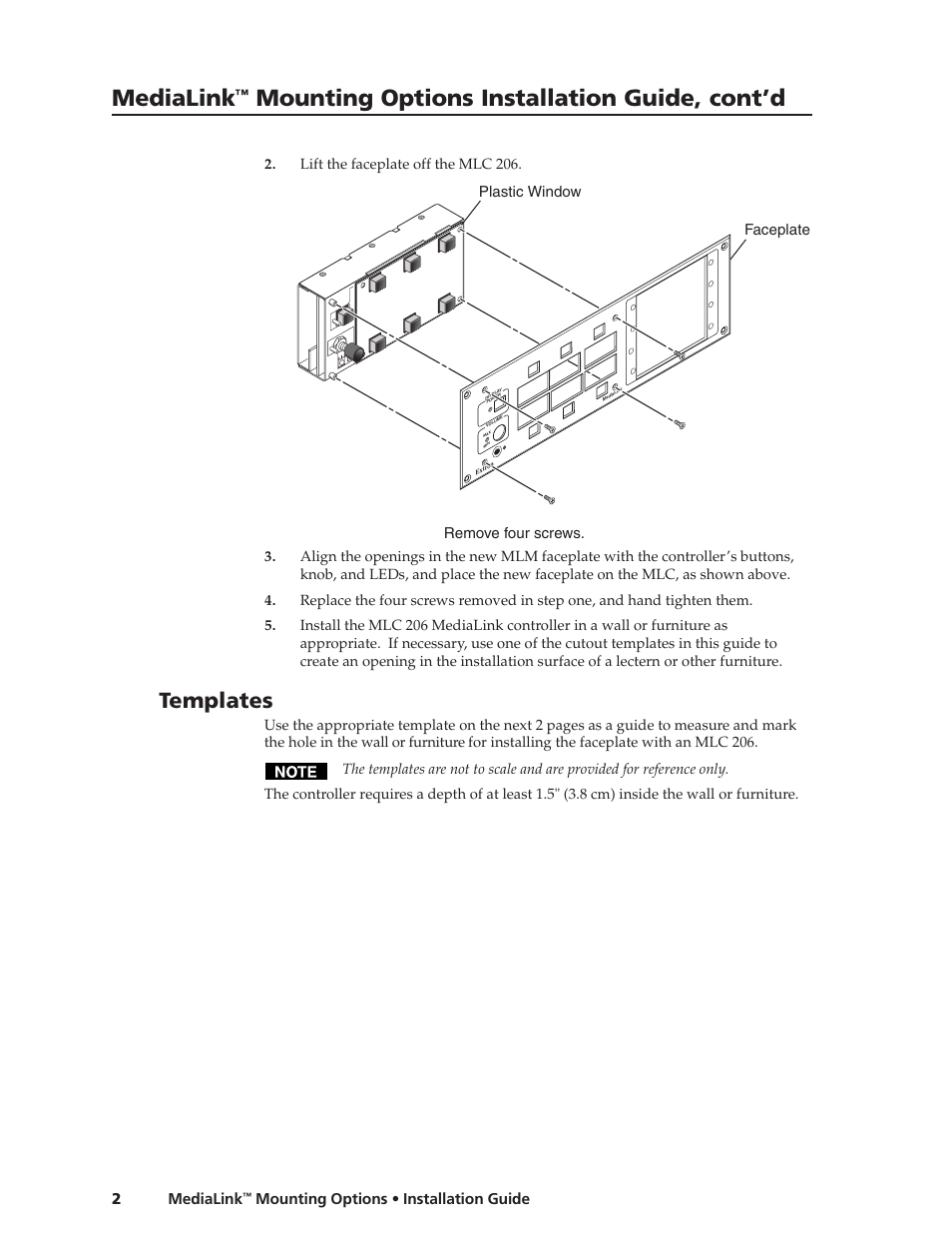 Medialink, Mounting options installation guide, cont’d, Templates | Mounting options • installation guide 2, Remove four screws. faceplate, Plastic window | Extron Electronics MLM 206 7GWP User Manual | Page 2 / 4