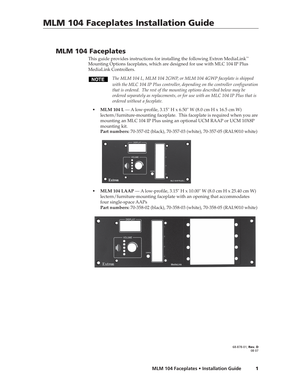 Extron Electronics MLM 104 Faceplates User Manual | 10 pages