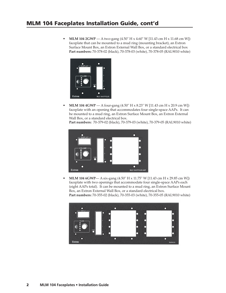 Mlm 104 faceplates installation guide, cont’d | Extron Electronics MLM 104 Faceplates User Manual | Page 2 / 10