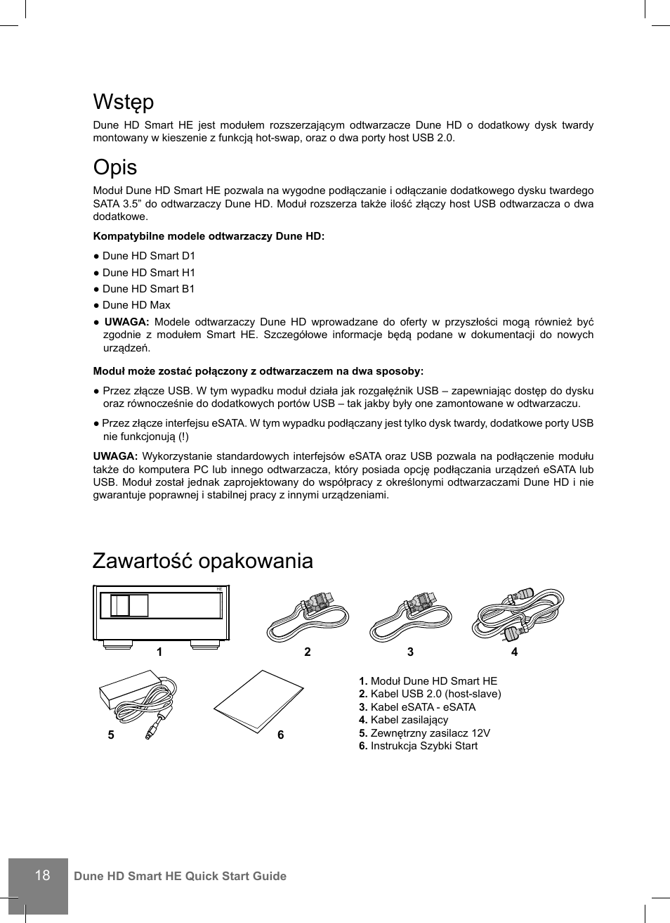 Wstęp, Opis, Zawartość opakowania | DUNE Smart HE User Manual | Page 18 / 20