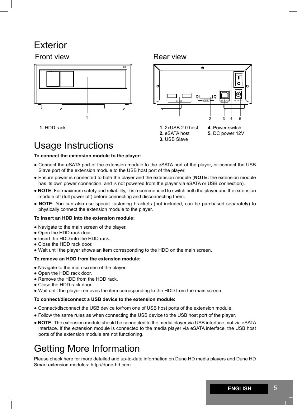 Exterior, Usage instructions, Getting more information | Front view rear view | DUNE Smart HE User Manual | Page 5 / 20