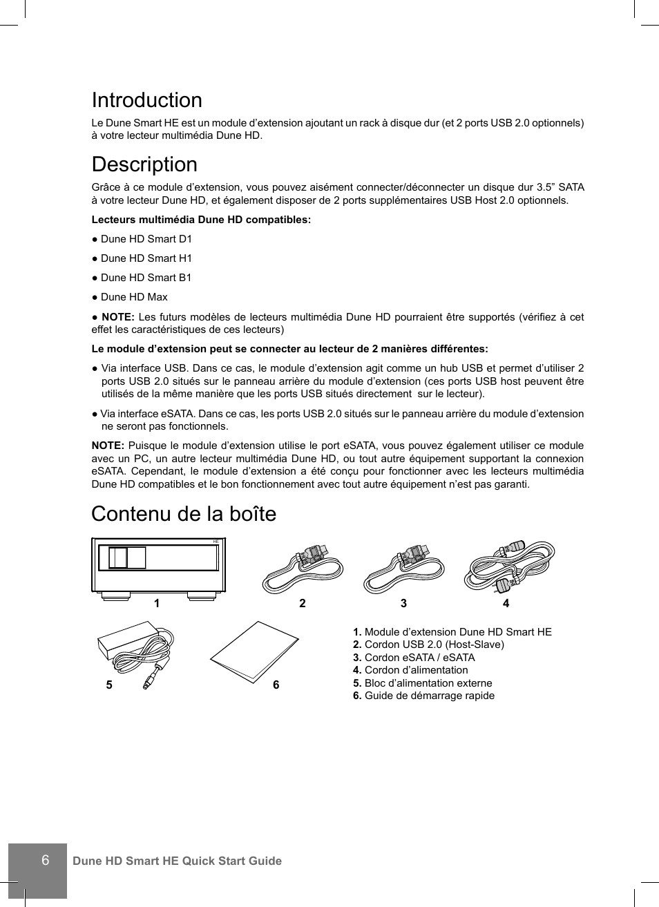 Introduction, Description, Contenu de la boîte | DUNE Smart HE User Manual | Page 6 / 20