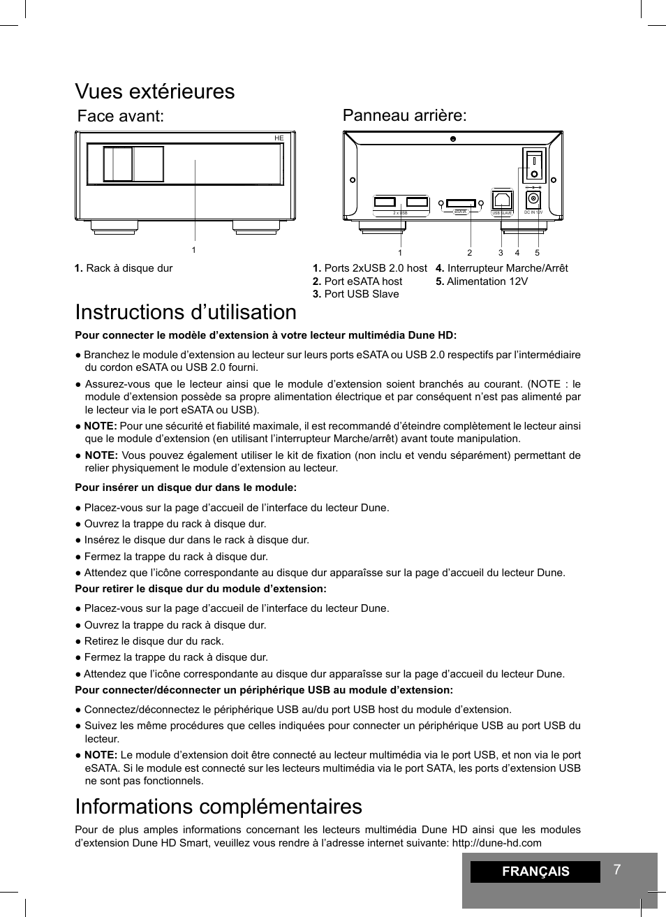 Vues extérieures, Instructions d’utilisation, Informations complémentaires | Face avant: panneau arrière | DUNE Smart HE User Manual | Page 7 / 20