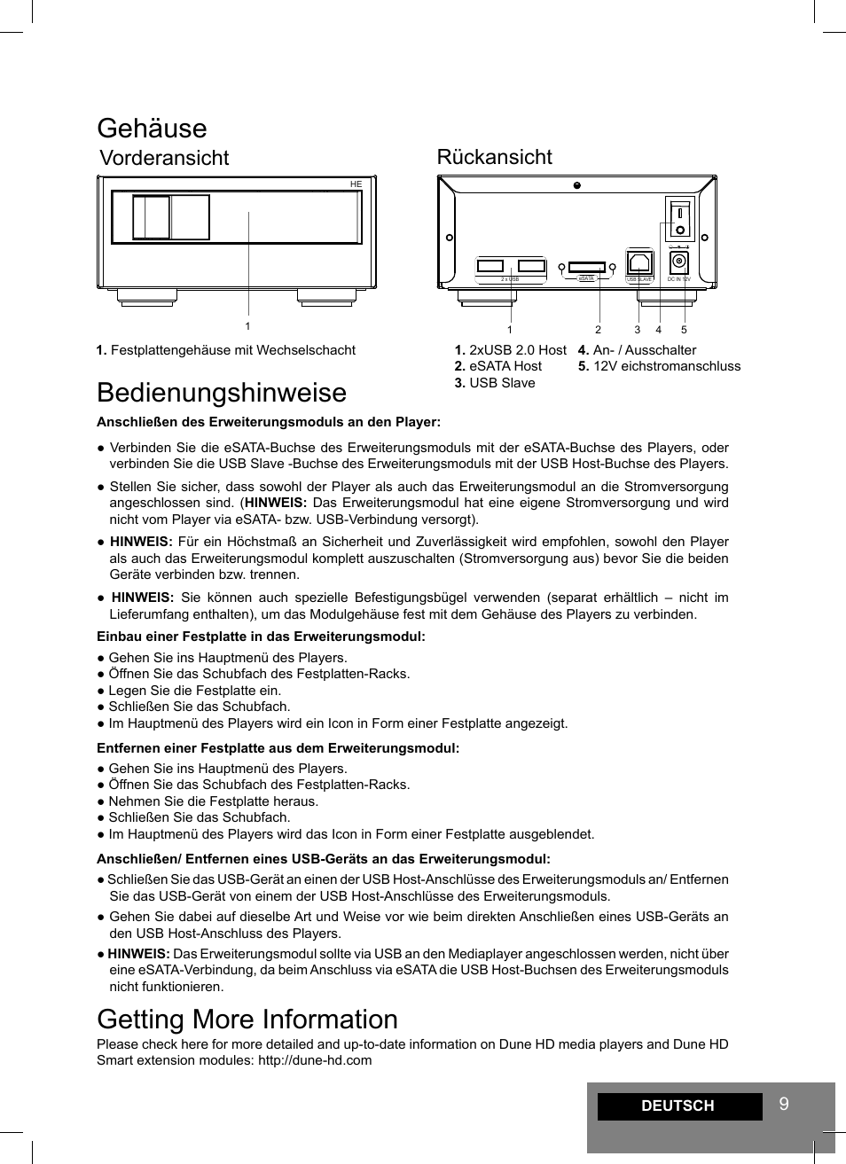 Gehäuse, Bedienungshinweise, Getting more information | Vorderansicht rückansicht | DUNE Smart HE User Manual | Page 9 / 20