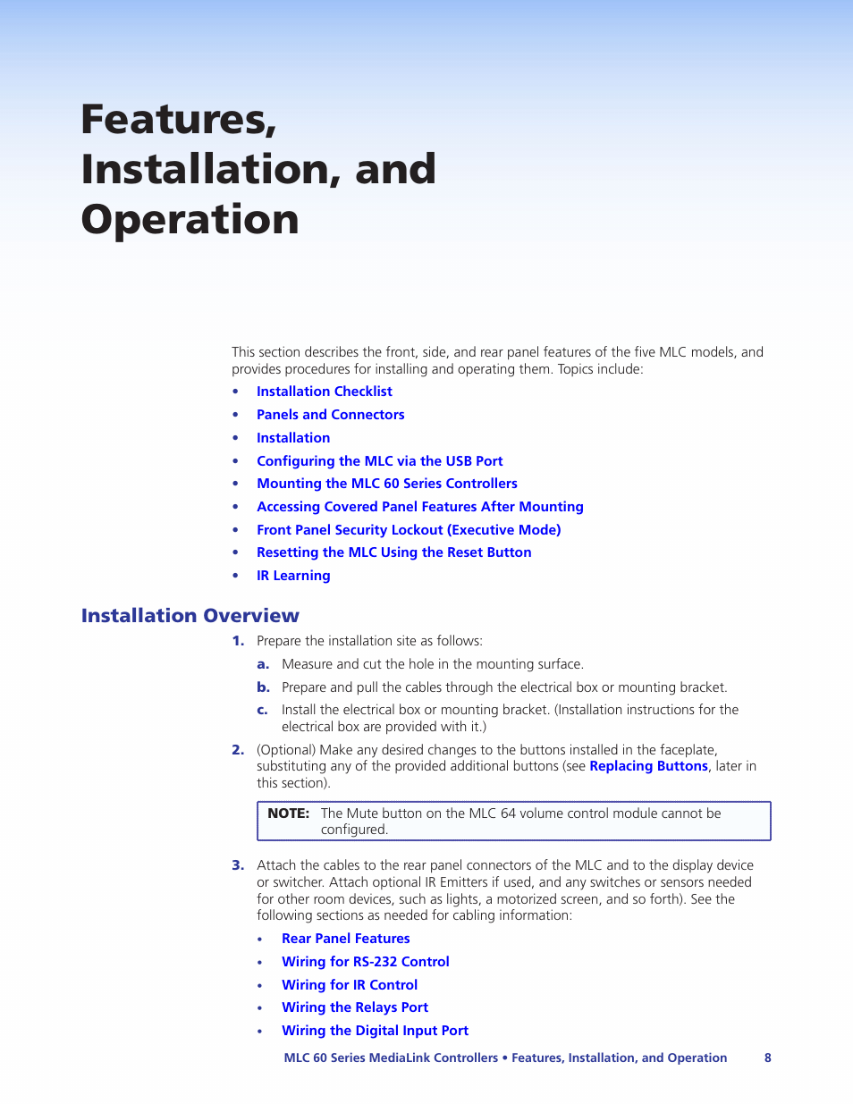 Features, installation, and operation, Installation overview | Extron Electronics MLC 60 Series User Guide User Manual | Page 14 / 79