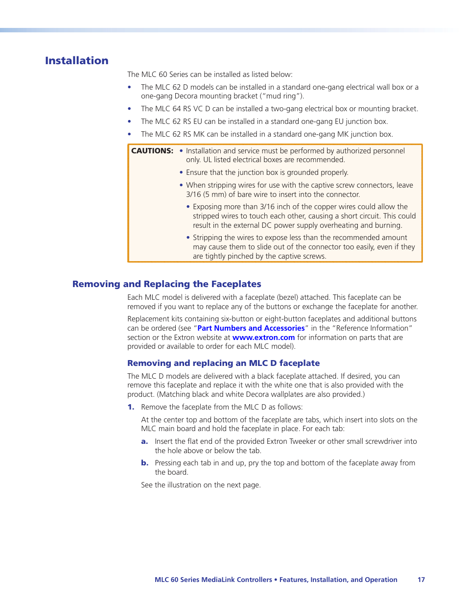 Installation, Removing and replacing the faceplates | Extron Electronics MLC 60 Series User Guide User Manual | Page 23 / 79