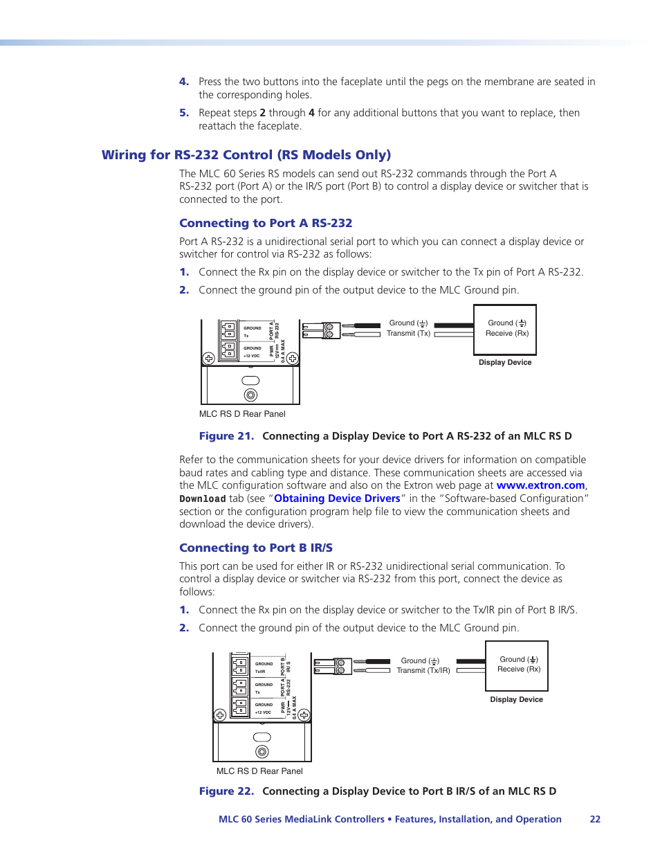Wiring for rs-232 control (rs models only), Wiring for rs-232 control, Rs models only) | Wiring for rs-232 contr, Connecting to port a rs-232, Connecting to port b ir/s, Download | Extron Electronics MLC 60 Series User Guide User Manual | Page 28 / 79