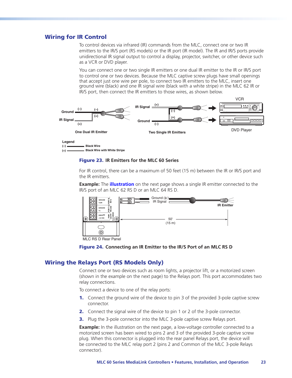 Wiring for ir control, Wiring the relays port (rs models only), Wiring the relays port | Vcr dvd player | Extron Electronics MLC 60 Series User Guide User Manual | Page 29 / 79