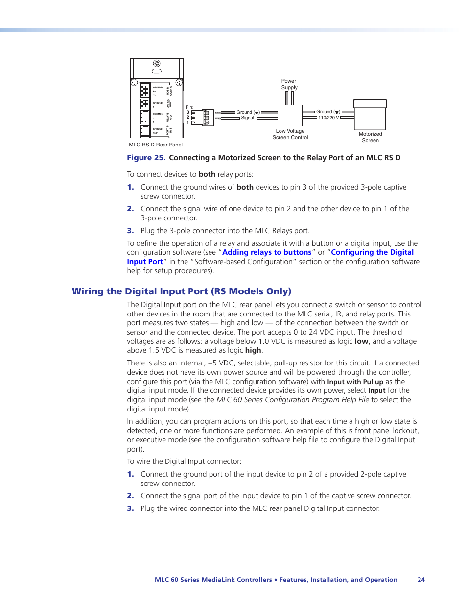 Wiring the digital input port (rs models only), Wiring the digital input port, Rs models only) | Input with pullup, Input | Extron Electronics MLC 60 Series User Guide User Manual | Page 30 / 79