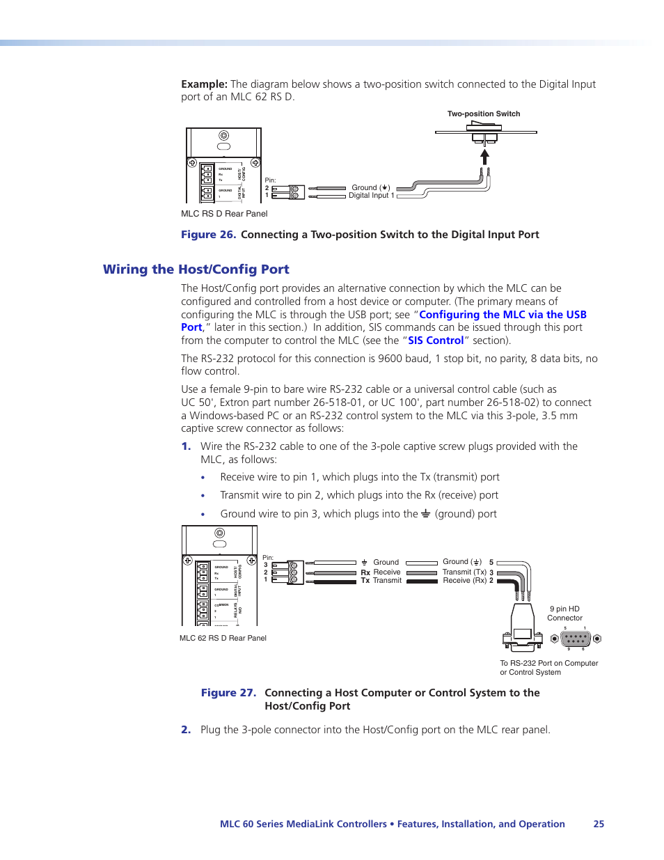 Wiring the host/config port, Wiring, The host/config port | Ground wire to pin 3, which plugs into the, Ground) port, Mlc rs d rear panel | Extron Electronics MLC 60 Series User Guide User Manual | Page 31 / 79