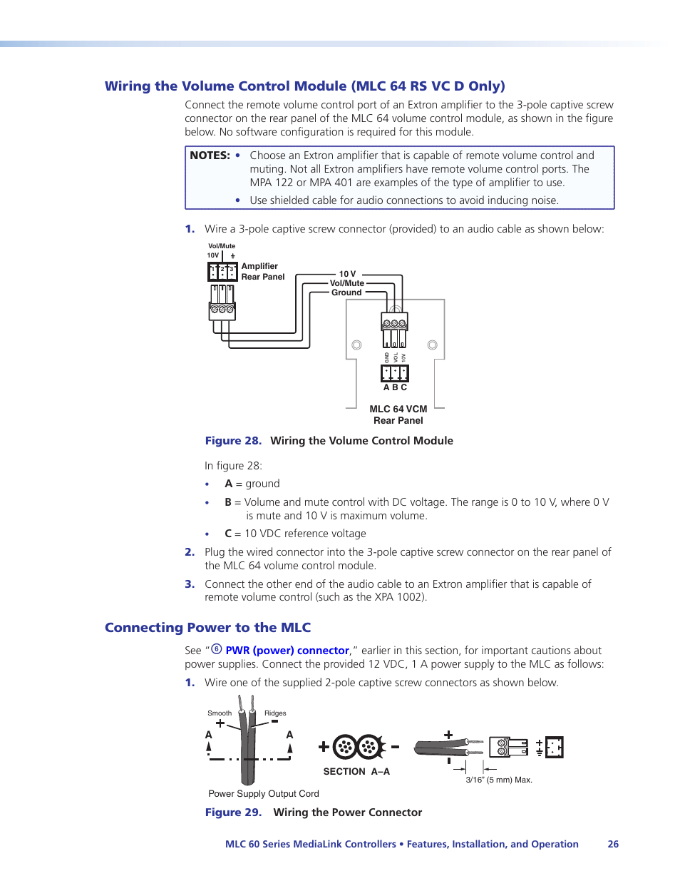 Connecting power to the mlc, Wiring the volume control module, Mlc 64 rs vc d only) | Wiring the volume control module (mlc 64 rs vc d | Extron Electronics MLC 60 Series User Guide User Manual | Page 32 / 79