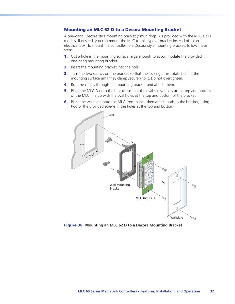 Mounting an mlc 62 d to a decora mounting bracket | Extron Electronics MLC 60 Series User Guide User Manual | Page 38 / 79