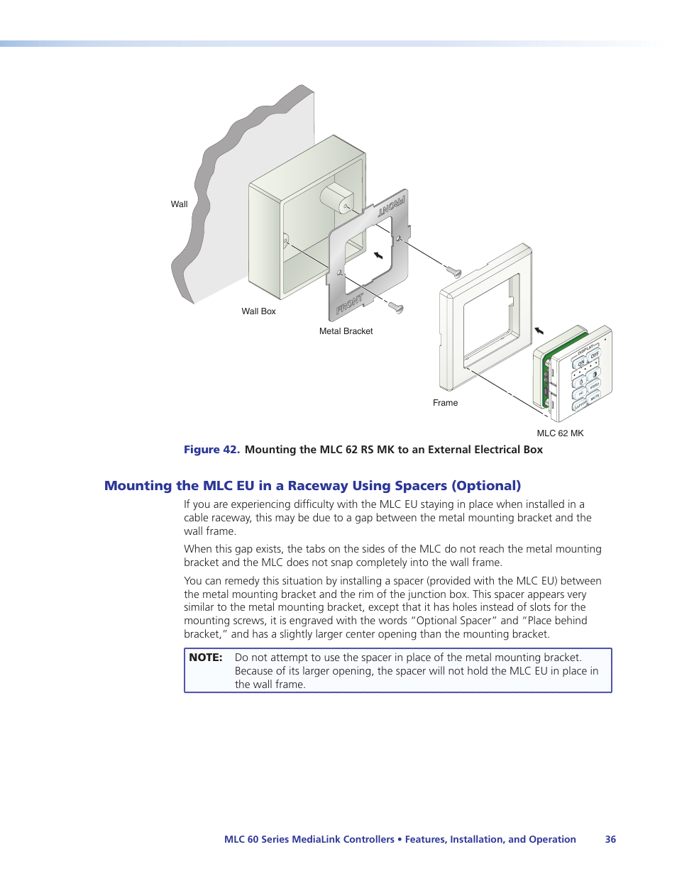 Mounting the mlc eu in a raceway using, Spacers (optional) | Extron Electronics MLC 60 Series User Guide User Manual | Page 42 / 79
