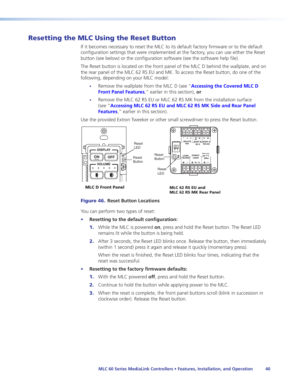Resetting the mlc using the reset button, Extron | Extron Electronics MLC 60 Series User Guide User Manual | Page 46 / 79