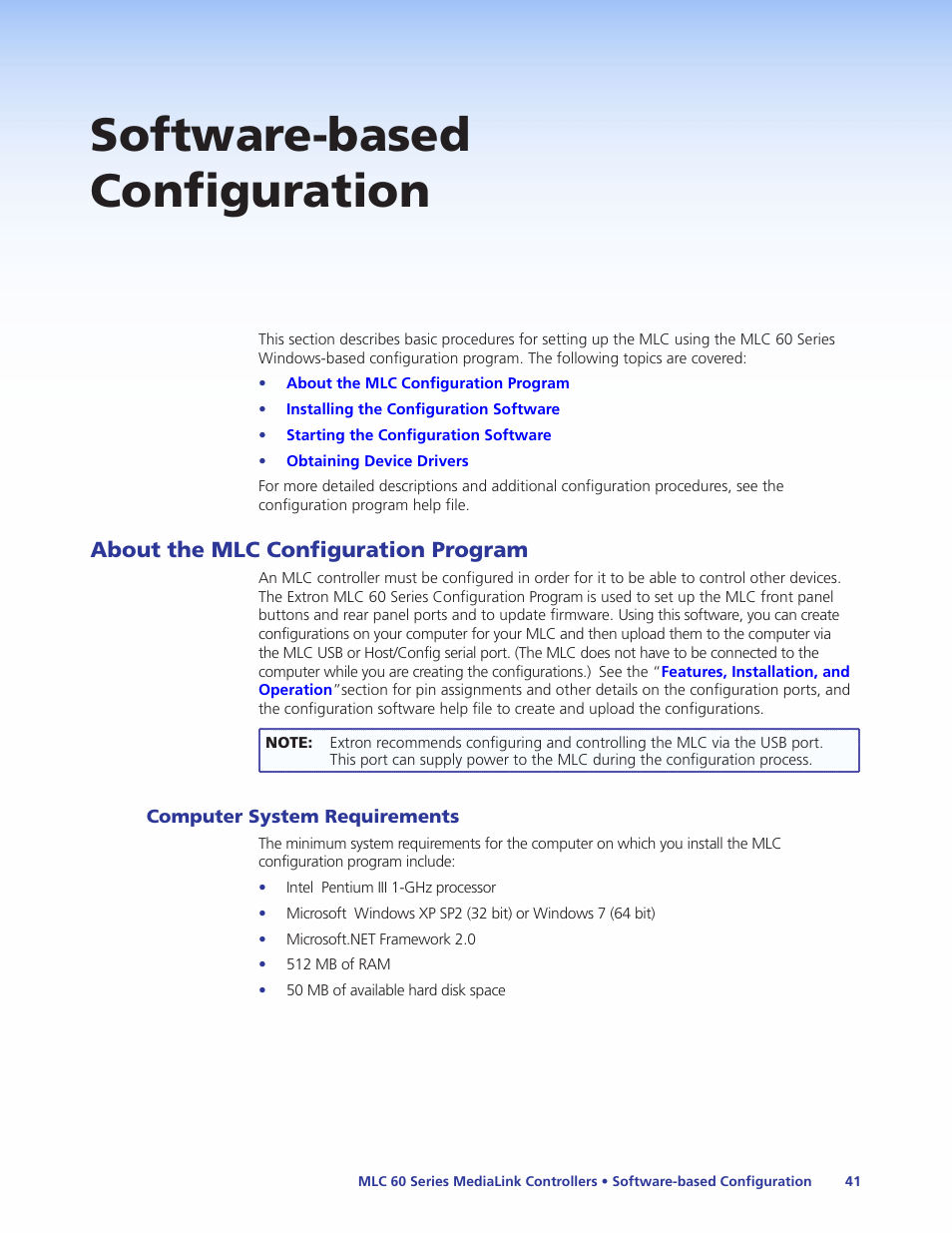Software-based configuration, About the mlc configuration program, Computer system requirements | Extron Electronics MLC 60 Series User Guide User Manual | Page 47 / 79