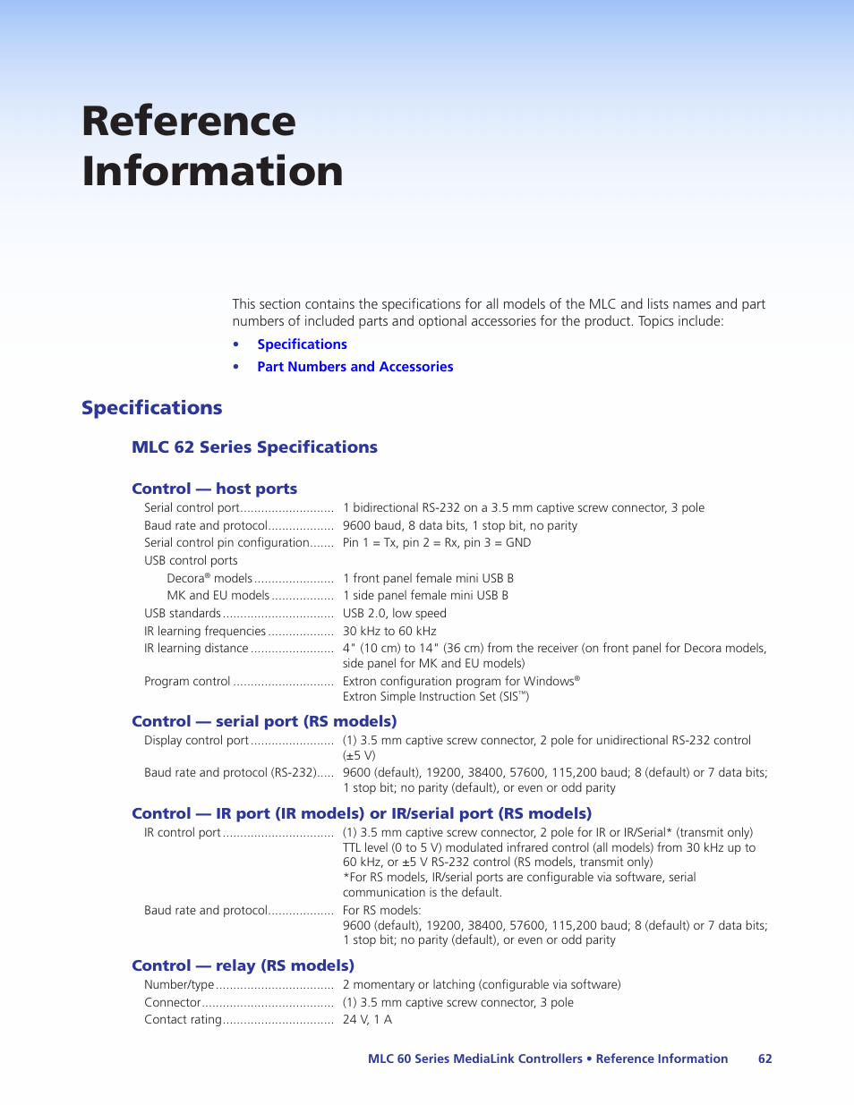 Reference information, Specifications, Mlc 62 series specifications | Extron Electronics MLC 60 Series User Guide User Manual | Page 68 / 79