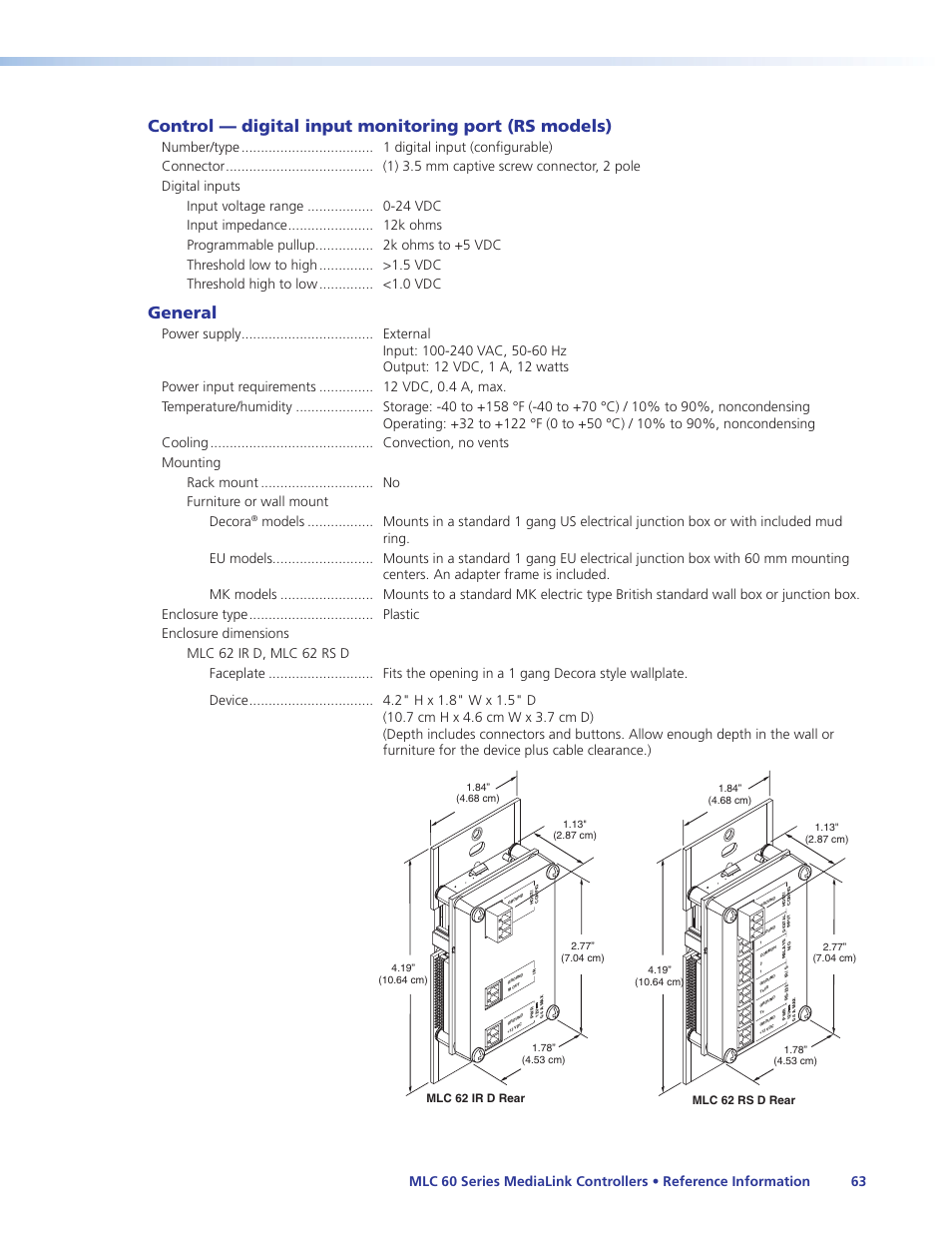 General, Mlc 62 rs d rear, Mlc 62 ir d rear | Extron Electronics MLC 60 Series User Guide User Manual | Page 69 / 79