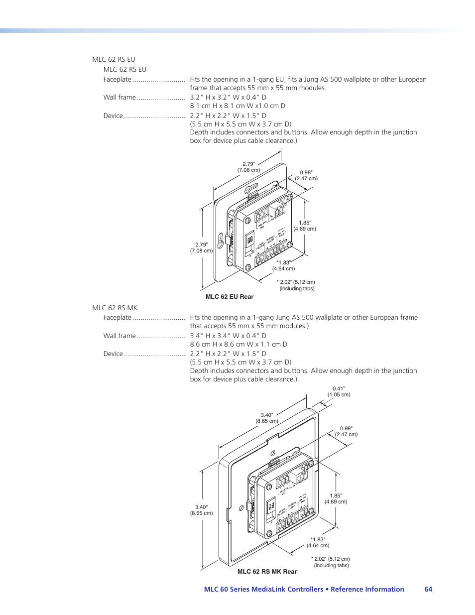 Mlc 62 eu rear, Mlc 62 rs mk rear | Extron Electronics MLC 60 Series User Guide User Manual | Page 70 / 79