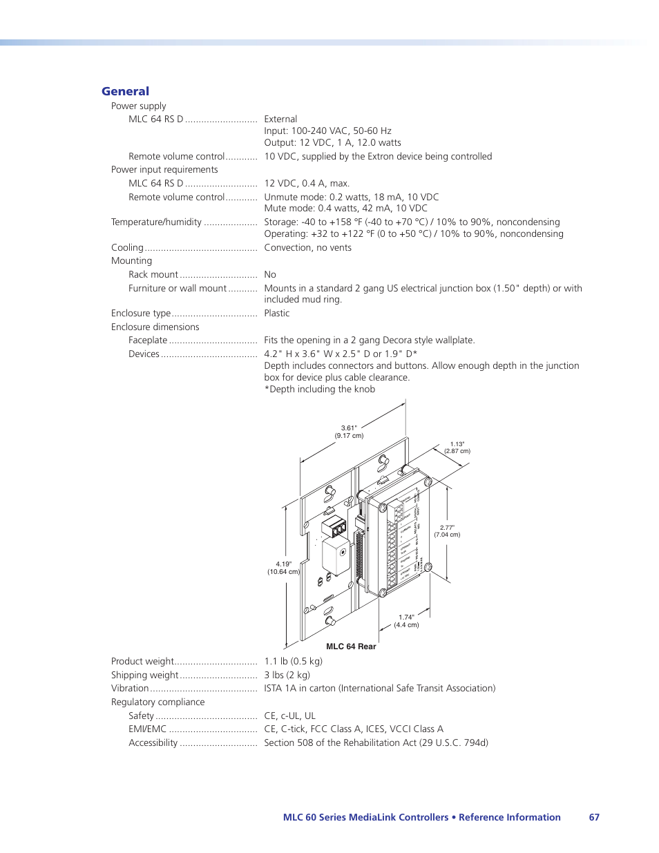 General, Mlc 64 rear | Extron Electronics MLC 60 Series User Guide User Manual | Page 73 / 79
