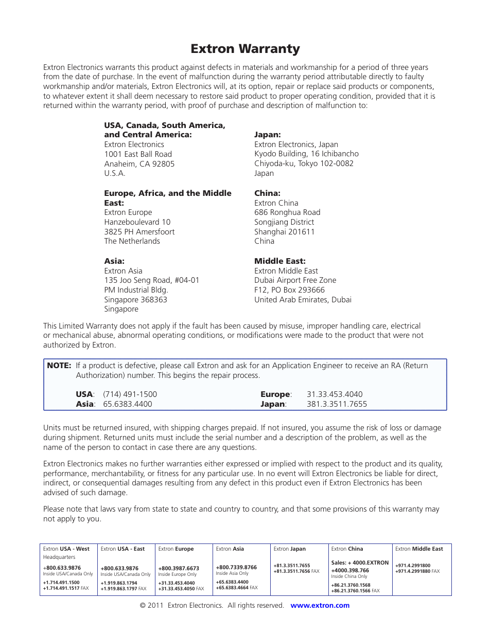 Extron warranty, Contacts | Extron Electronics MLC 60 Series User Guide User Manual | Page 79 / 79