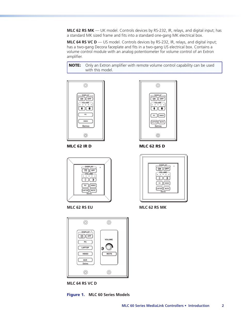 Mlc 62 ir d mlc 62 rs d, Mlc 62 rs eu mlc 62 rs mk | Extron Electronics MLC 60 Series User Guide User Manual | Page 8 / 79