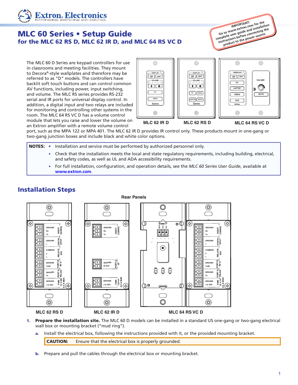 Extron Electronics MLC 60 Series Setup Guide User Manual | 4 pages