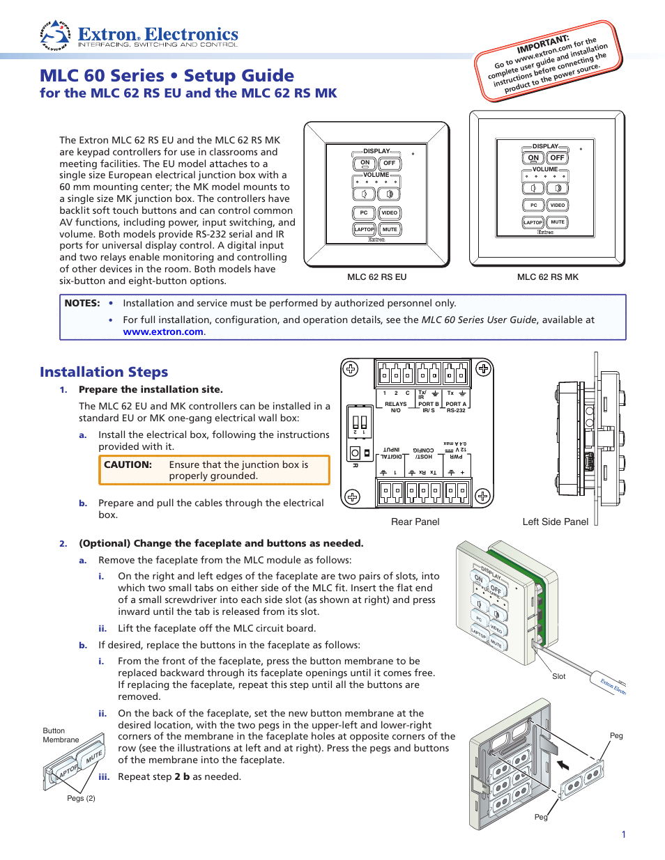 Extron Electronics MLC 60 Series (MLC 62 RS EU and the MLC 62 RS MK) Setup Guide User Manual | 4 pages