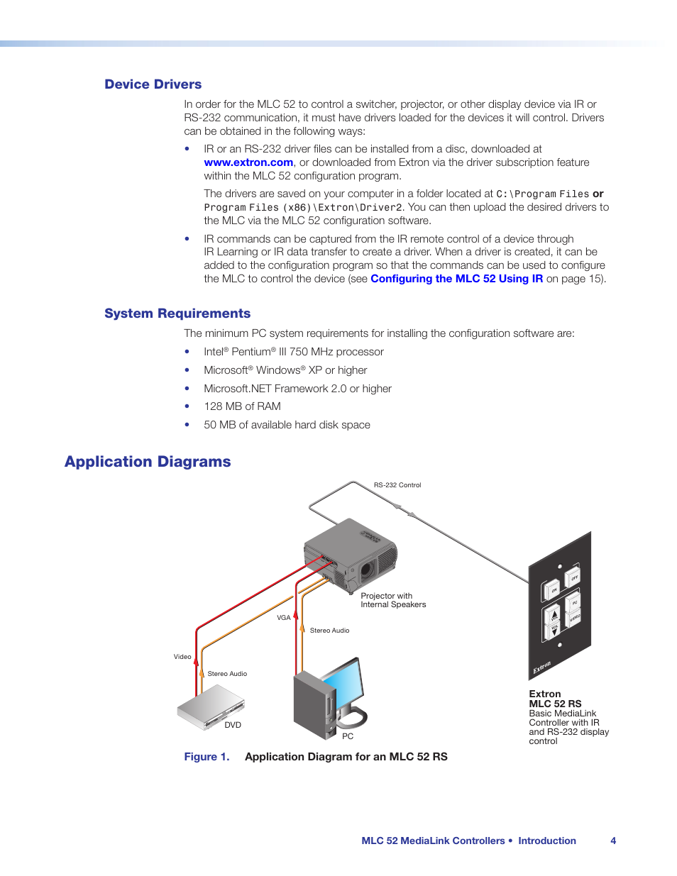 Device drivers, System requirements, Application diagrams | Device drivers system requirements | Extron Electronics MLC 52 Series User Guide User Manual | Page 10 / 74