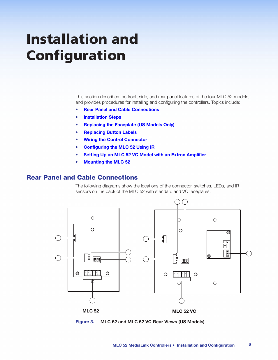 Installation and configuration, Rear panel and cable connections, Mlc 52 vc mlc 52 | Extron Electronics MLC 52 Series User Guide User Manual | Page 12 / 74
