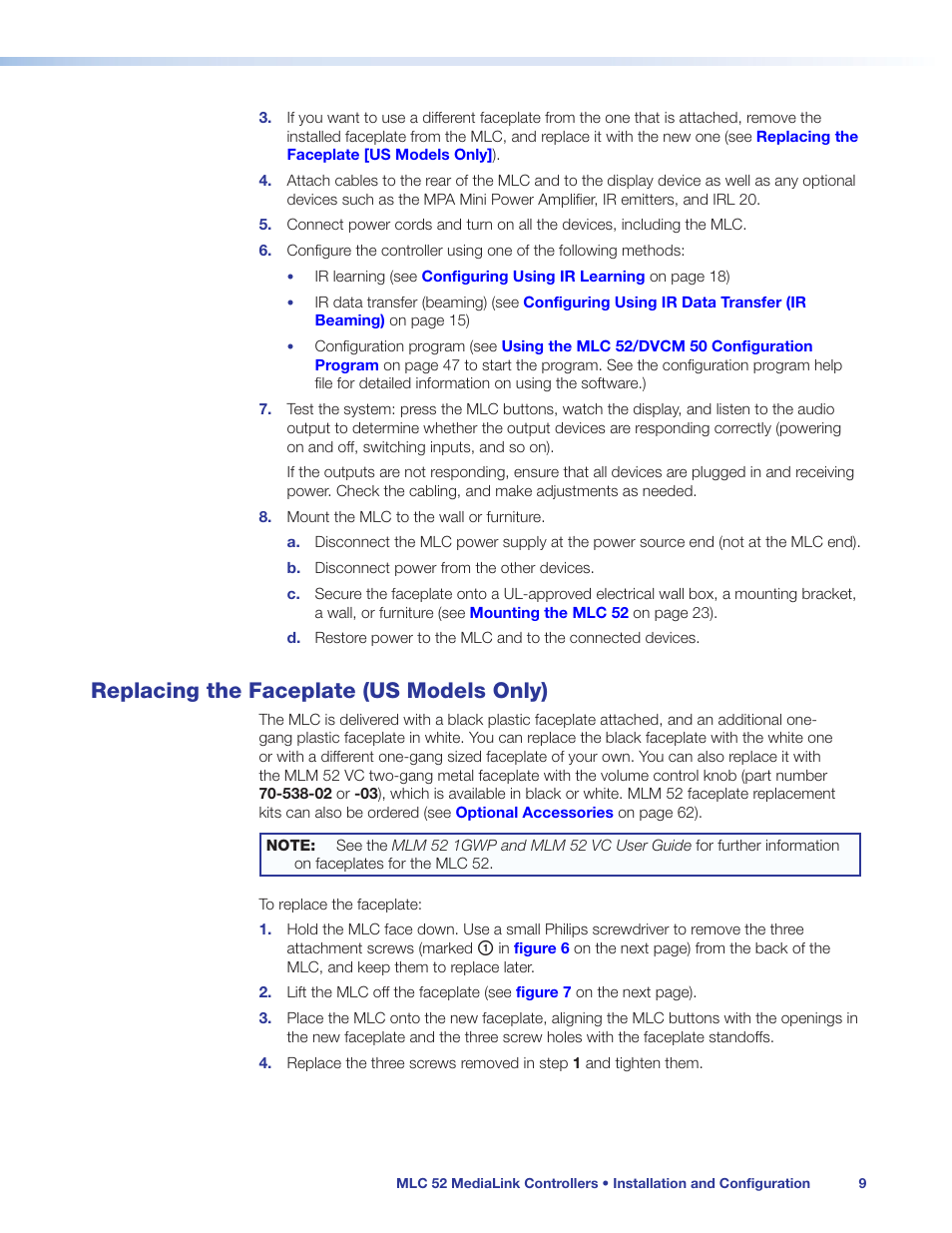 Replacing the faceplate (us models only) | Extron Electronics MLC 52 Series User Guide User Manual | Page 15 / 74
