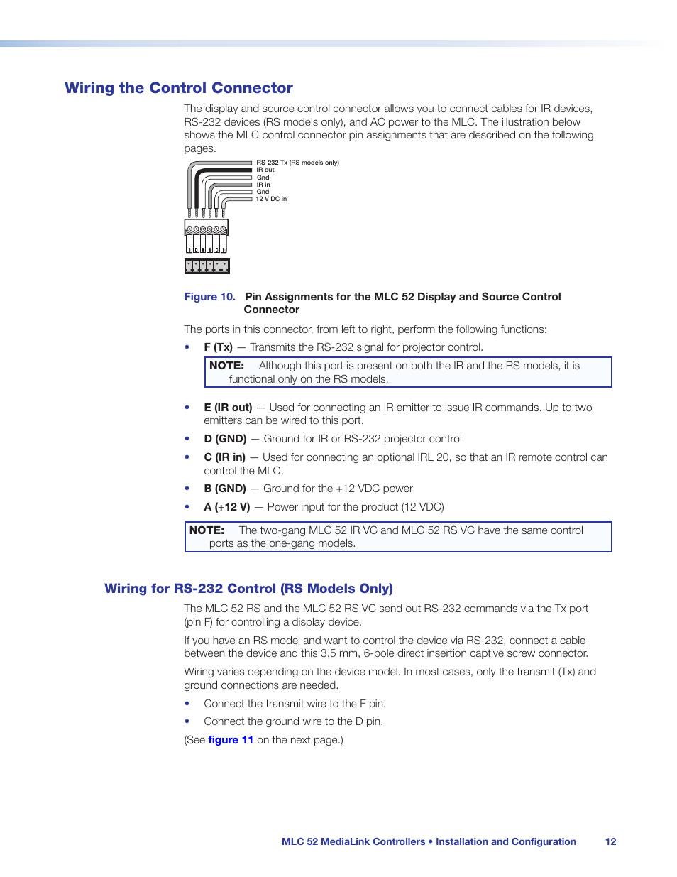 Wiring the control connector, Wiring for rs-232 control (rs models only), Wiring for rs-232 control (rs models | Only), Power (see | Extron Electronics MLC 52 Series User Guide User Manual | Page 18 / 74