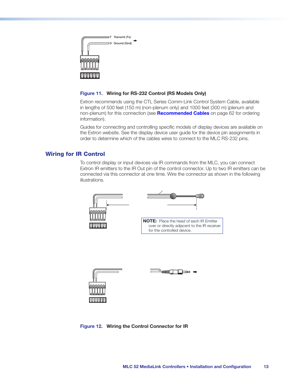 Wiring for ir control, Fig_wiring for rs-232, Figure 12. wiring the control connector for ir | Extron Electronics MLC 52 Series User Guide User Manual | Page 19 / 74