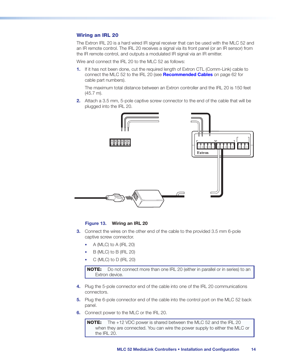 Wiring an irl 20, A (mlc) to a (irl 20), B (mlc) to b (irl 20) | Extron Electronics MLC 52 Series User Guide User Manual | Page 20 / 74
