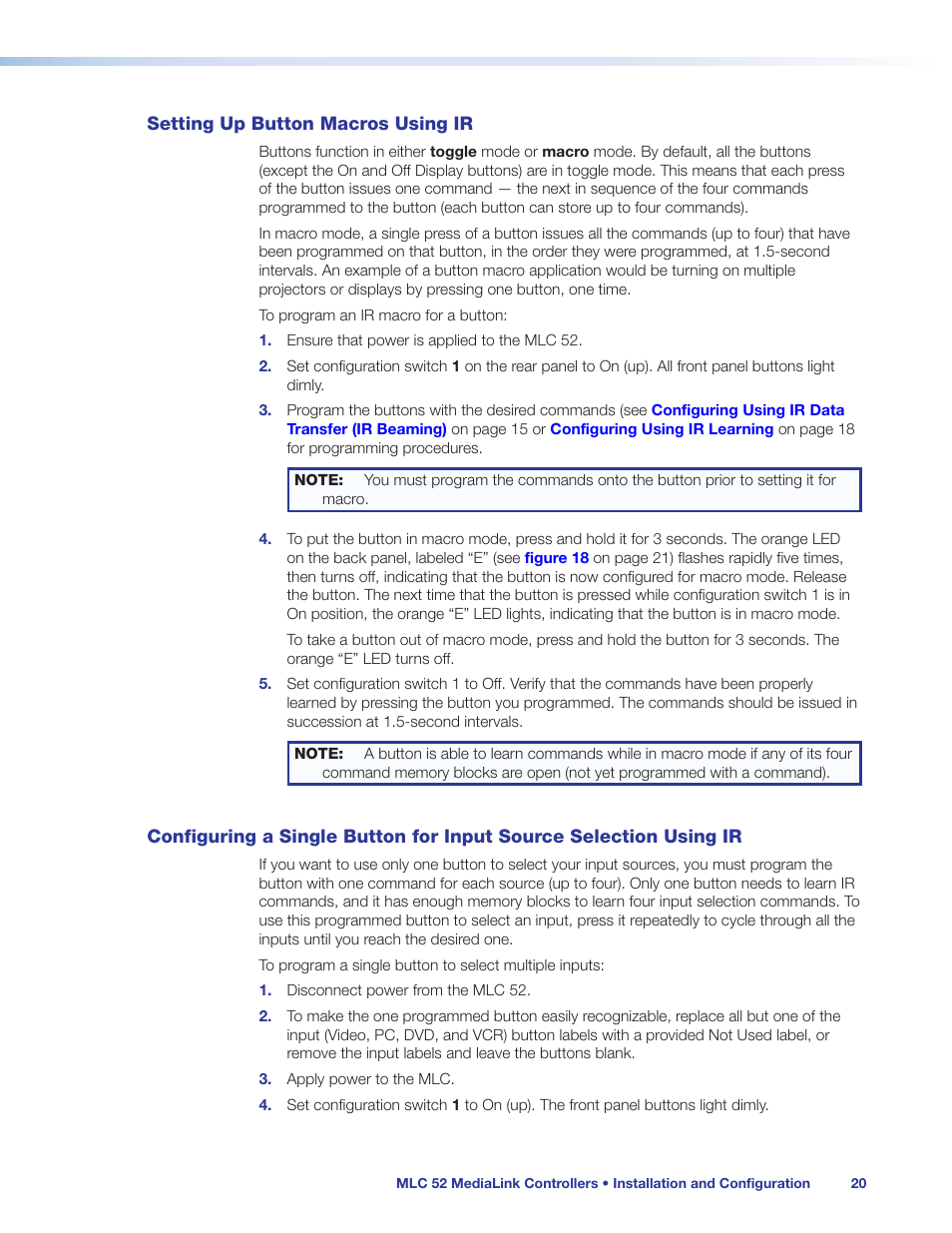 Setting up button macros using ir, Source selection using ir, O mode (see | Extron Electronics MLC 52 Series User Guide User Manual | Page 26 / 74