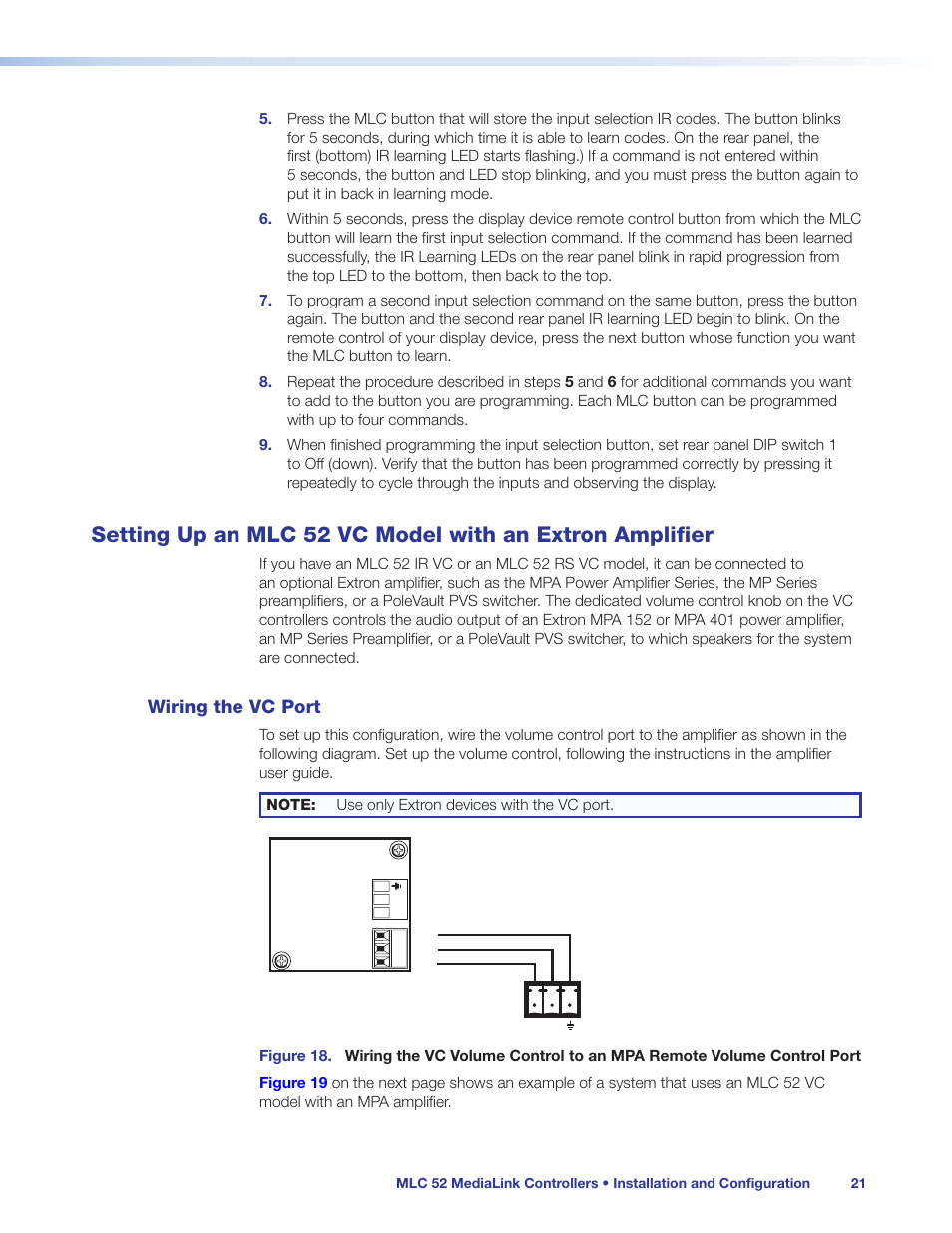 Wiring the vc port, Setting up an mlc 52 vc model with an, Extron amplifier | Ir out, Ir in, Figure 18 | Extron Electronics MLC 52 Series User Guide User Manual | Page 27 / 74