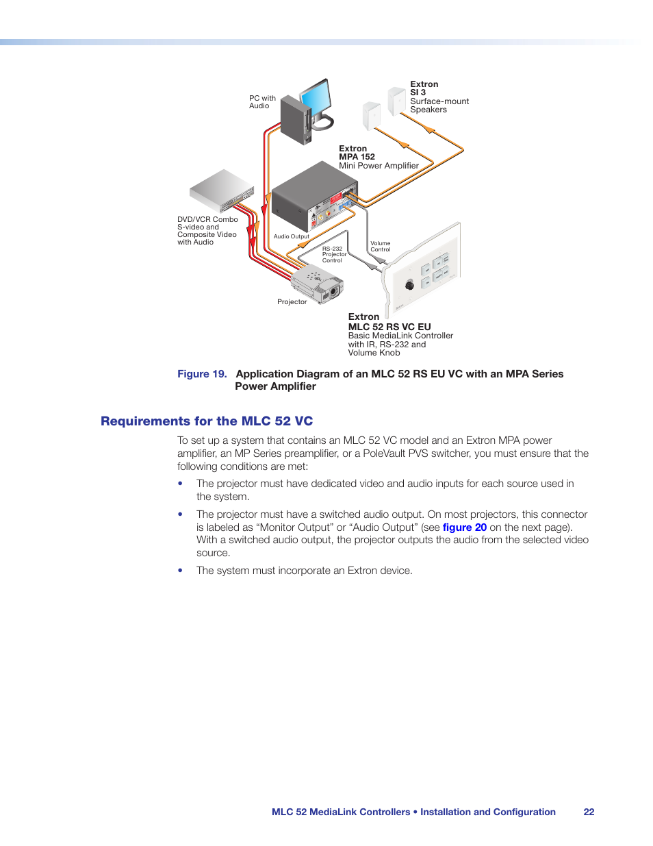 Requirements for the mlc 52 vc, Mlc rs eu vc with mpa, 12v 3a max | 4/8 ohms, Vol/mute 10v 50m a, Extron mlc 52 rs vc eu | Extron Electronics MLC 52 Series User Guide User Manual | Page 28 / 74